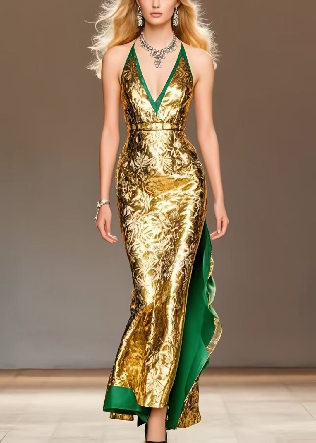Women Golden Wraped Patchwork Silk Sundress Summer
