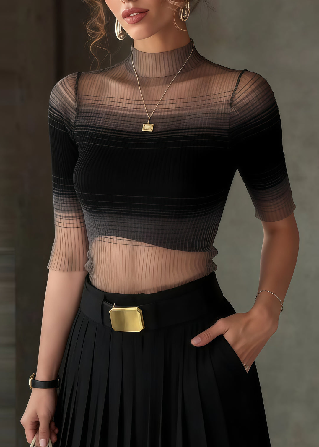 Women Gradient Black Stand Collar Tulle Tank Half Sleeve