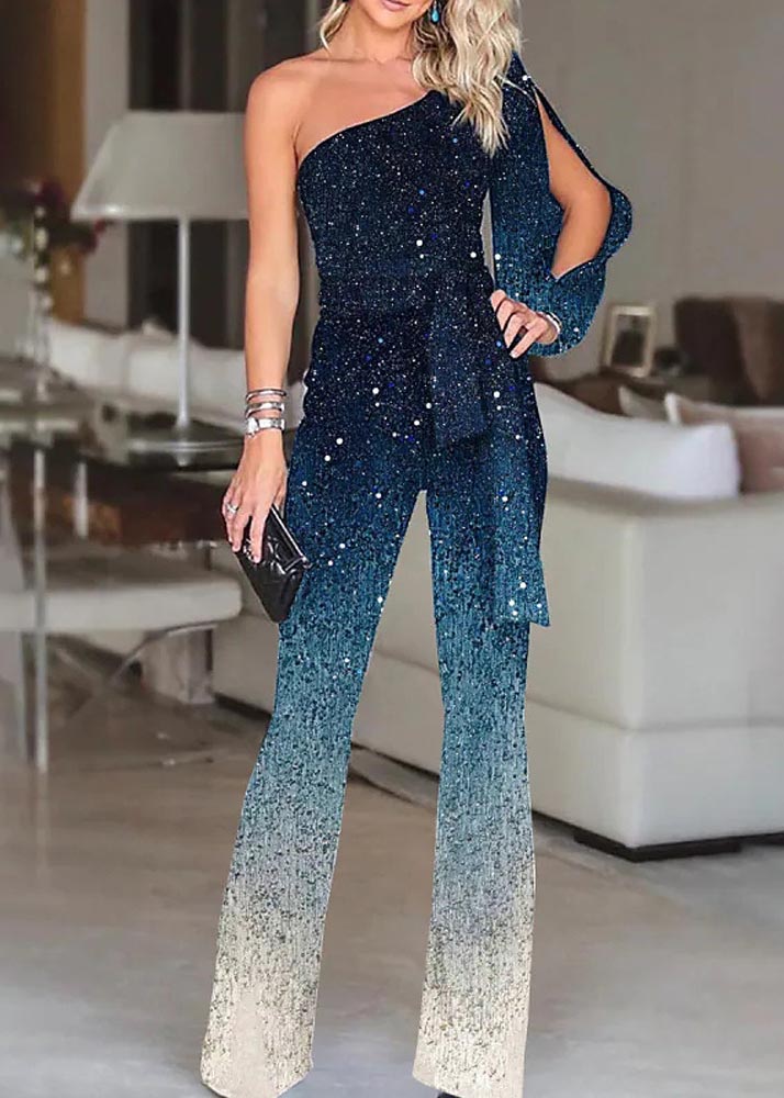 Women Gradient Blue One Shoulder Asymmetrical Design Sequins Two Pieces Set Summer