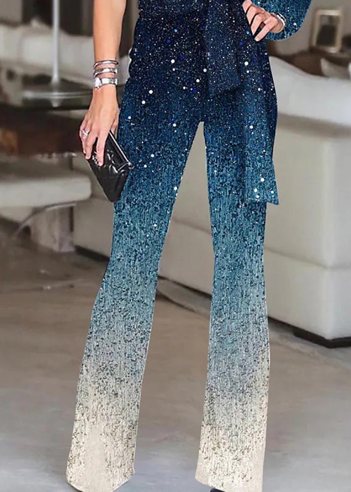 Women Gradient Blue One Shoulder Asymmetrical Design Sequins Two Pieces Set Summer