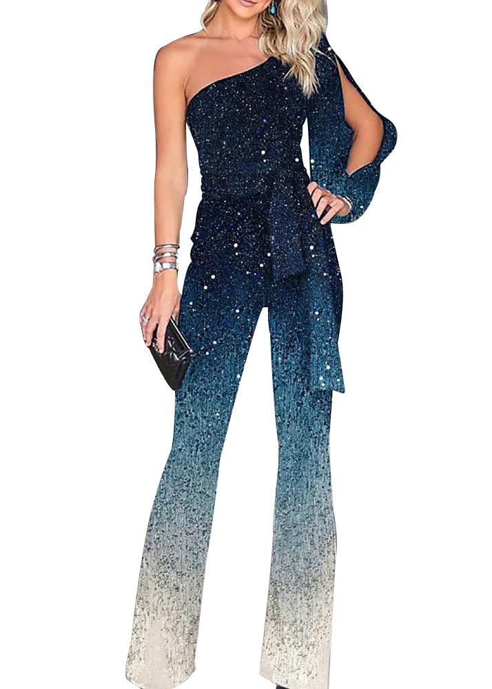 Women Gradient Blue One Shoulder Asymmetrical Design Sequins Two Pieces Set Summer