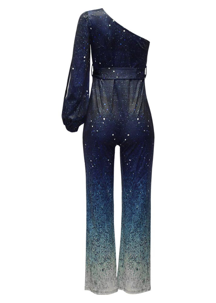 Women Gradient Blue One Shoulder Asymmetrical Design Sequins Two Pieces Set Summer