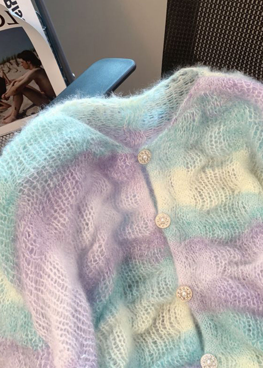 Women Gradient Color V Neck Warm Knit Cardigan Winter