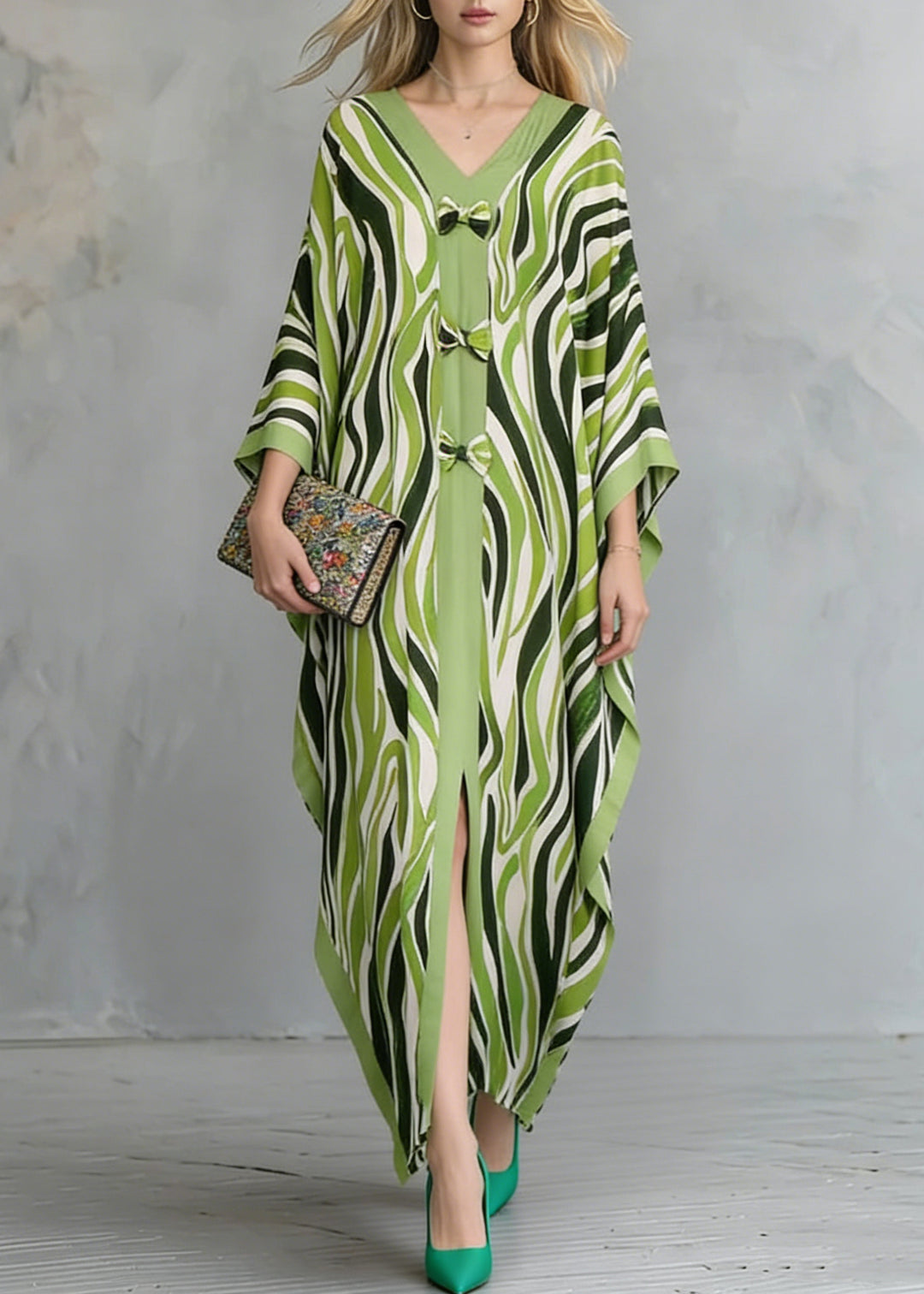 Women Grass Green Oversized Print Maxi Dresses Batwing Sleeve