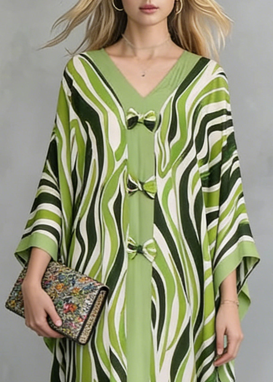 Women Grass Green Oversized Print Maxi Dresses Batwing Sleeve