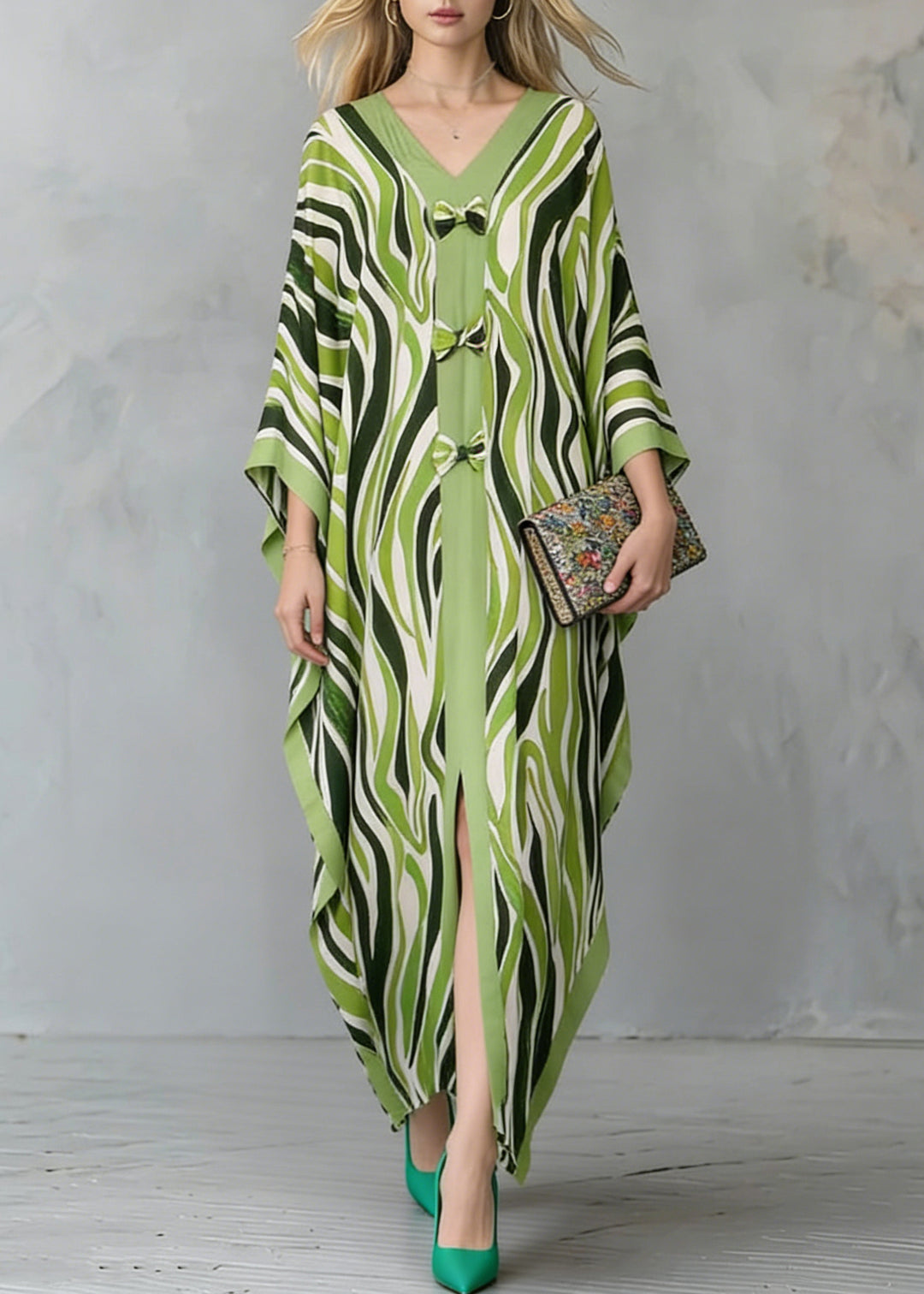 Women Grass Green Oversized Print Maxi Dresses Batwing Sleeve