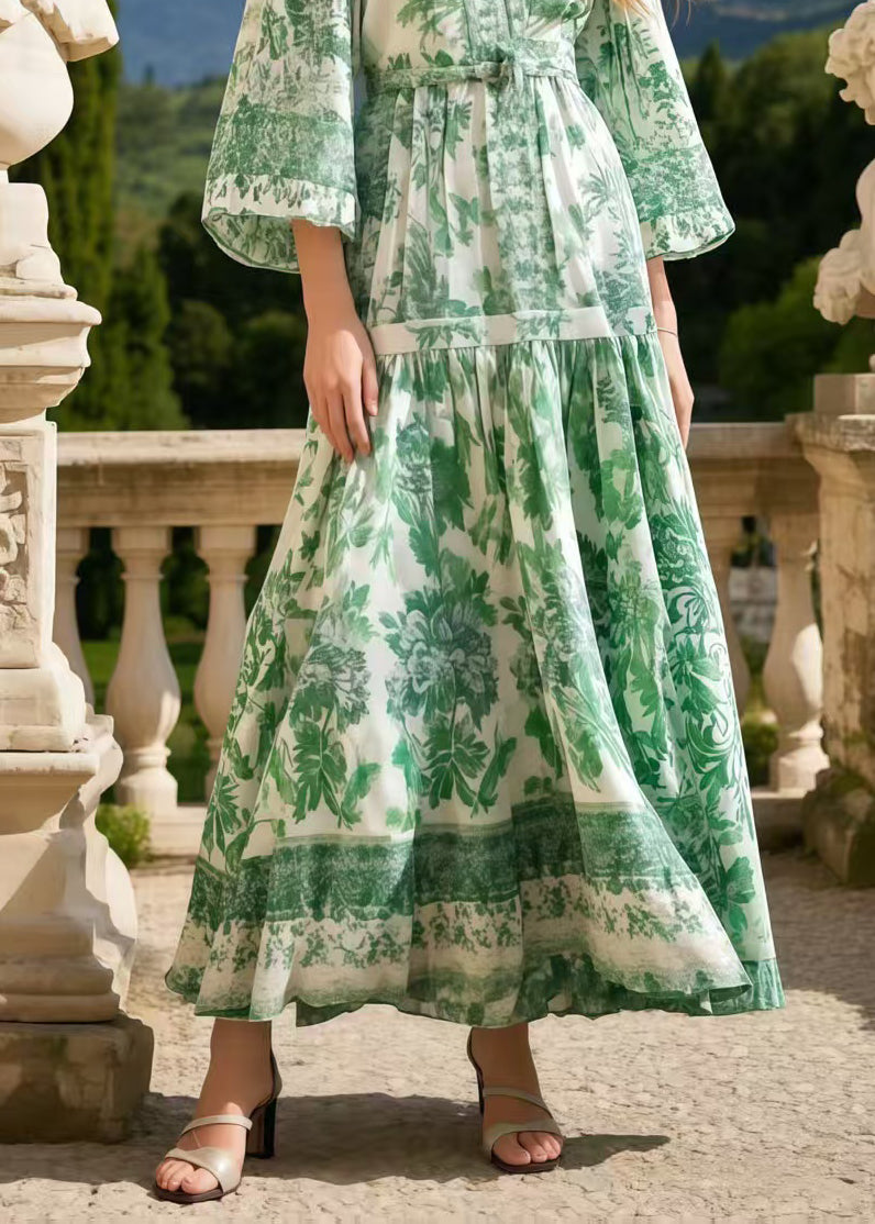 Women Grass Green Print Draping Chiffon Vacation Dresses Spring