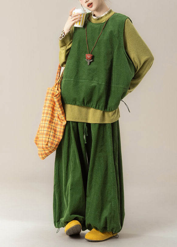 Women Grass Green Vest T Shirt And Pants Corduroy Three Pieces Set Fall
