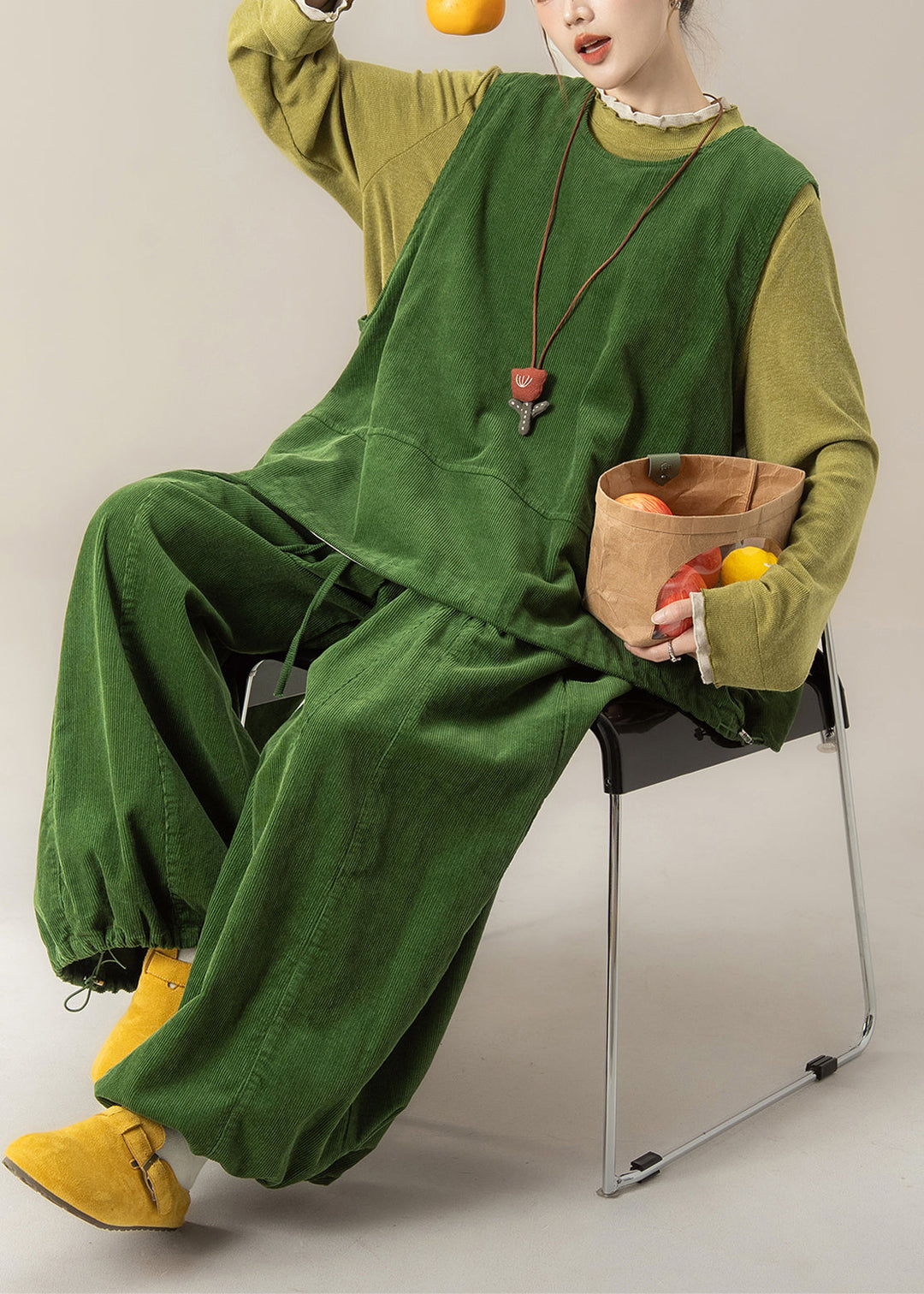 Women Grass Green Vest T Shirt And Pants Corduroy Three Pieces Set Fall