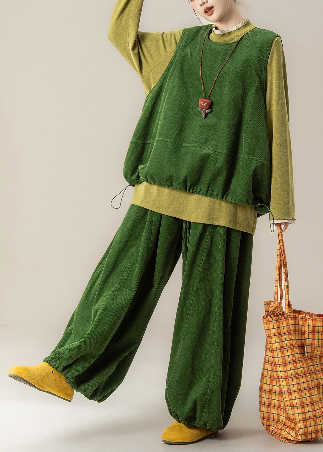 Women Grass Green Vest T Shirt And Pants Corduroy Three Pieces Set Fall