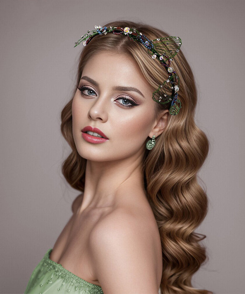 Women Green Acrylic Crystal Butterfly Beading HairPiece