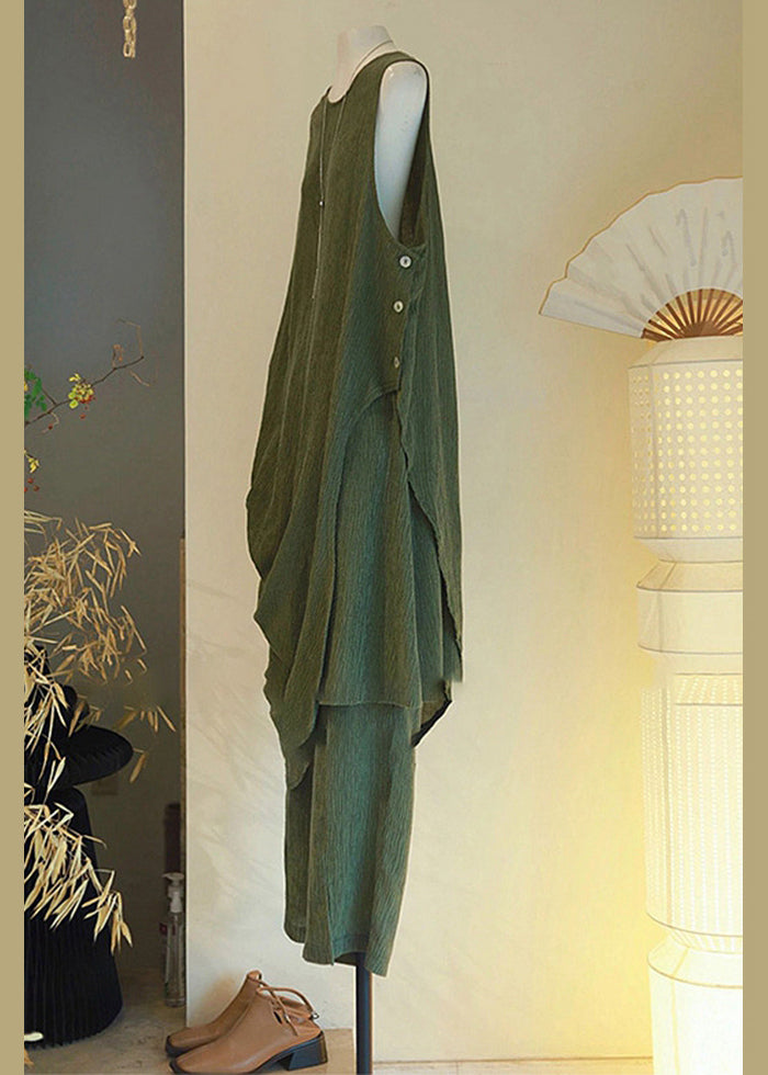 Women Green Asymmetrical Button Cotton Two Pieces Set Sleeveless