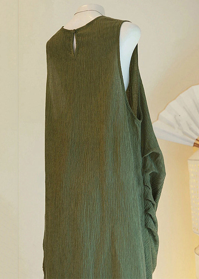 Women Green Asymmetrical Button Cotton Two Pieces Set Sleeveless
