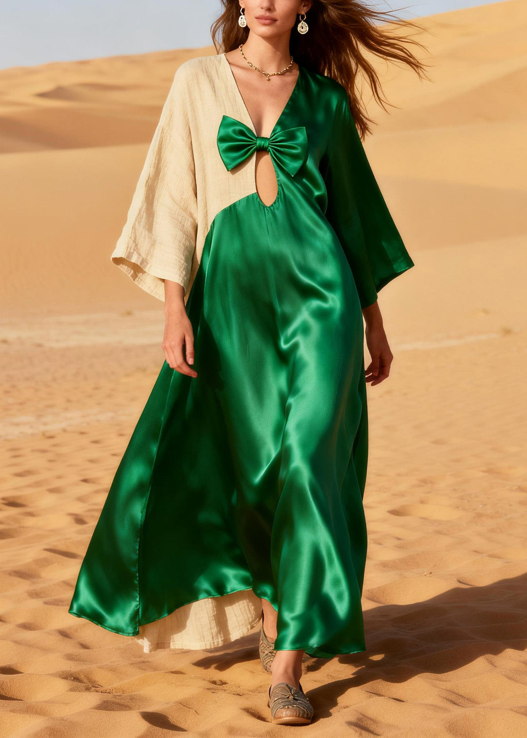 Women Green Asymmetrical Patchwork Bow Silk Maxi Dress Summer