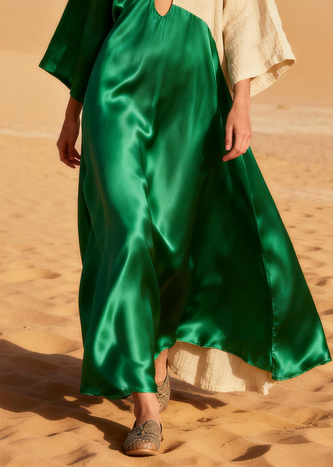 Women Green Asymmetrical Patchwork Bow Silk Maxi Dress Summer