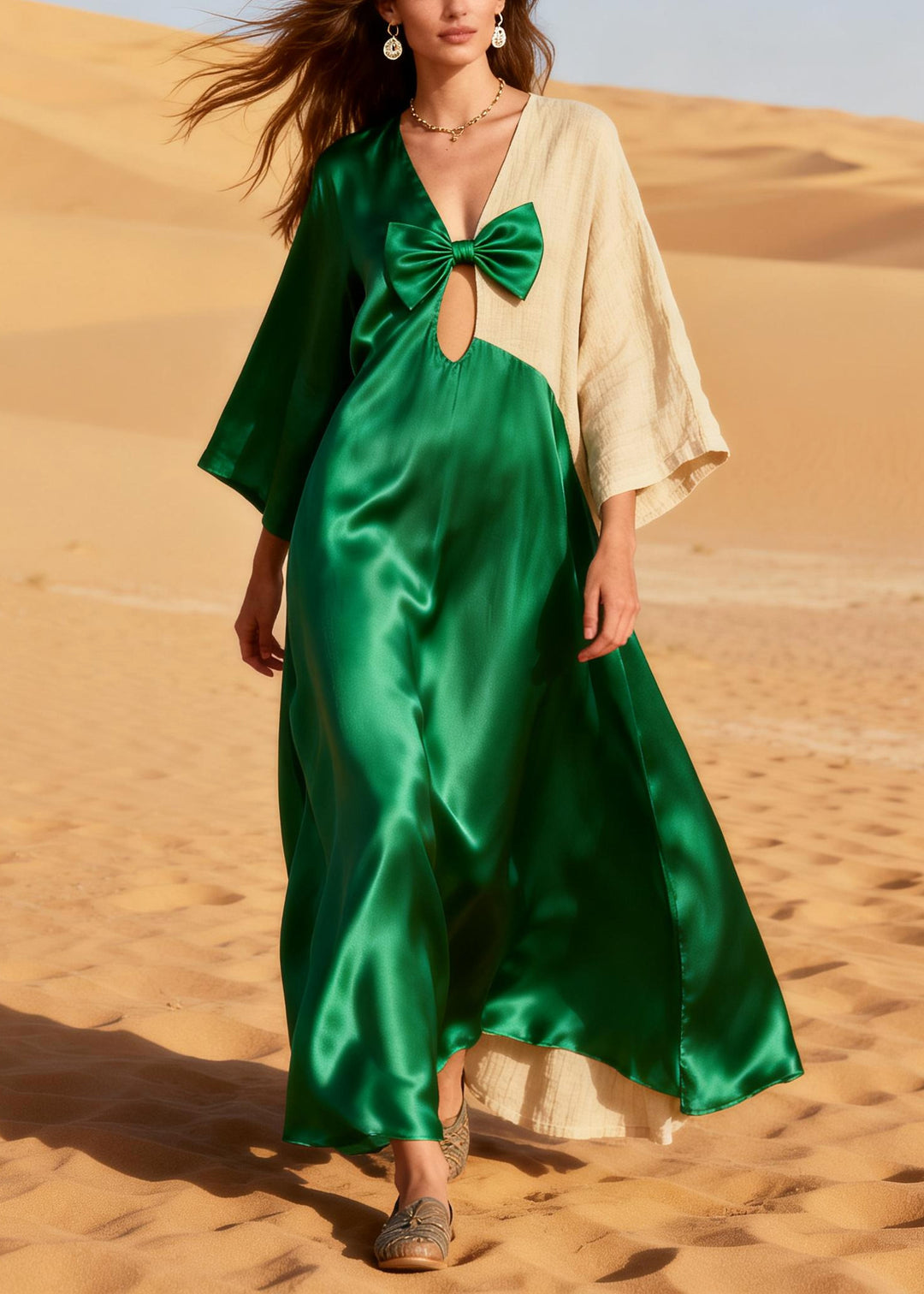 Women Green Asymmetrical Patchwork Bow Silk Maxi Dress Summer