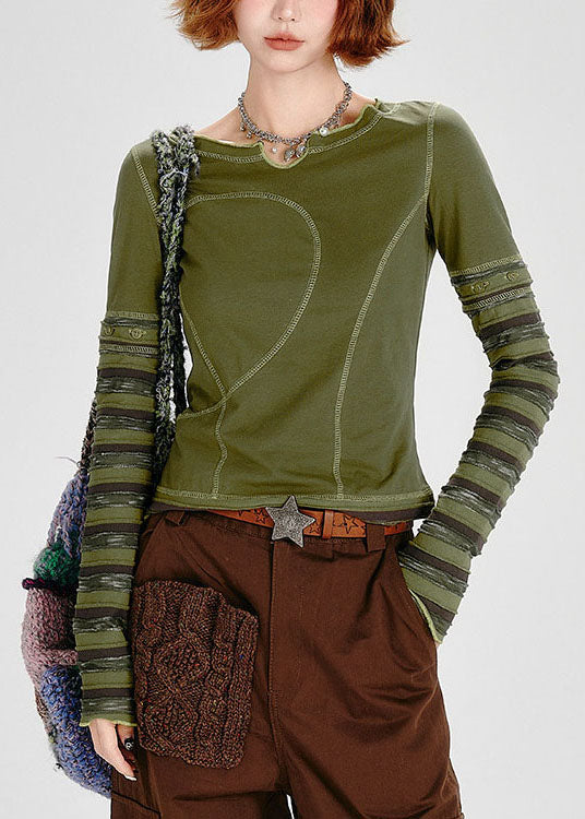 Women Green Asymmetrical Patchwork Cotton Shirt Fall