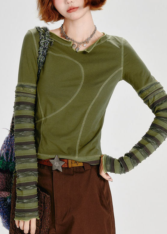 Women Green Asymmetrical Patchwork Cotton Shirt Fall