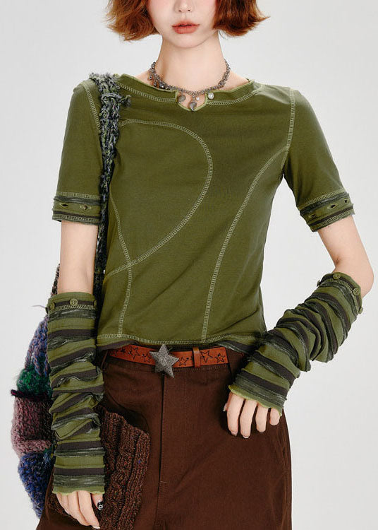 Women Green Asymmetrical Patchwork Cotton Shirt Fall