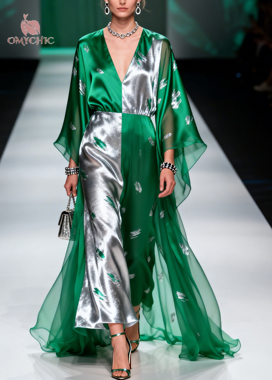 Women Green Asymmetrical Patchwork Exra Large Hem Chiffon Dresses Summer