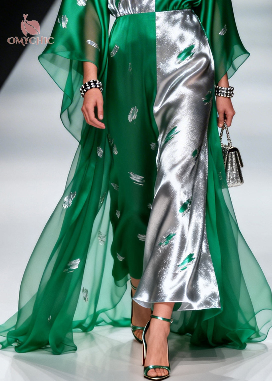 Women Green Asymmetrical Patchwork Exra Large Hem Chiffon Dresses Summer