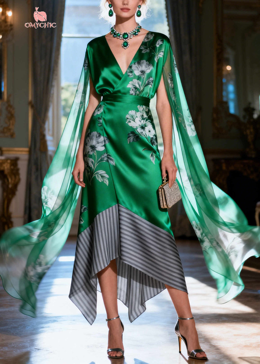 Women Green Asymmetrical Patchwork Silk Holiday Dress Cloak Sleeves