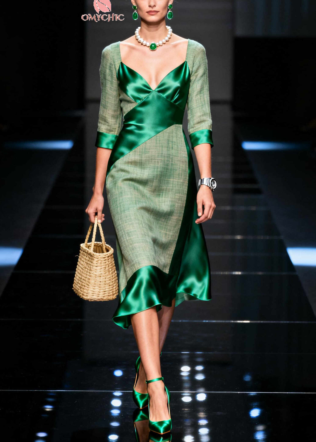 Women Green Asymmetrical Patchwork Silk Maxi Dresses Summer