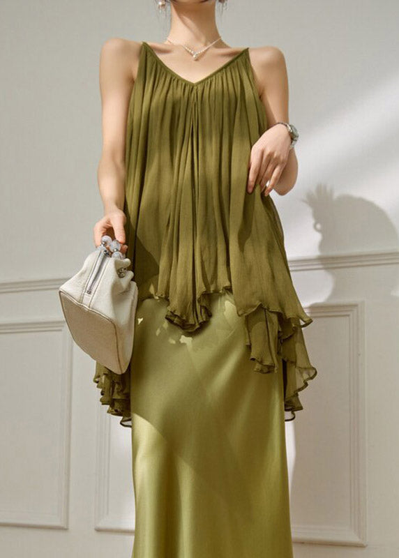 Women Green Asymmetrical Vests V Neck Summer