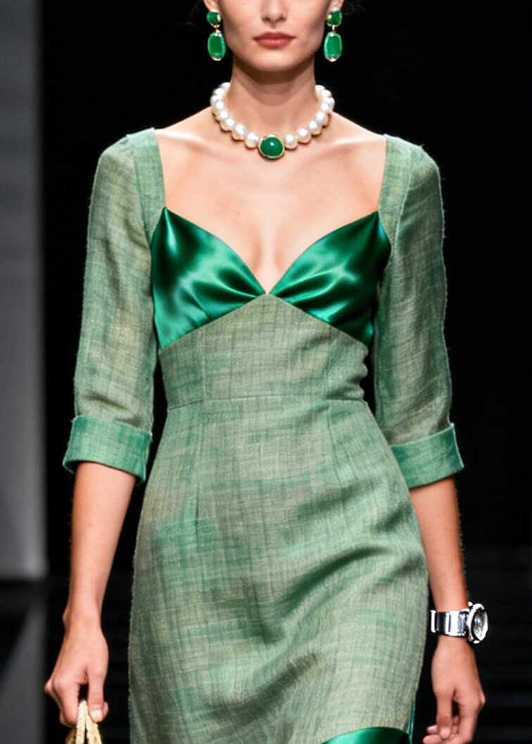 Women Green Bustier Top Patchwork Cotton Party Dress Summer