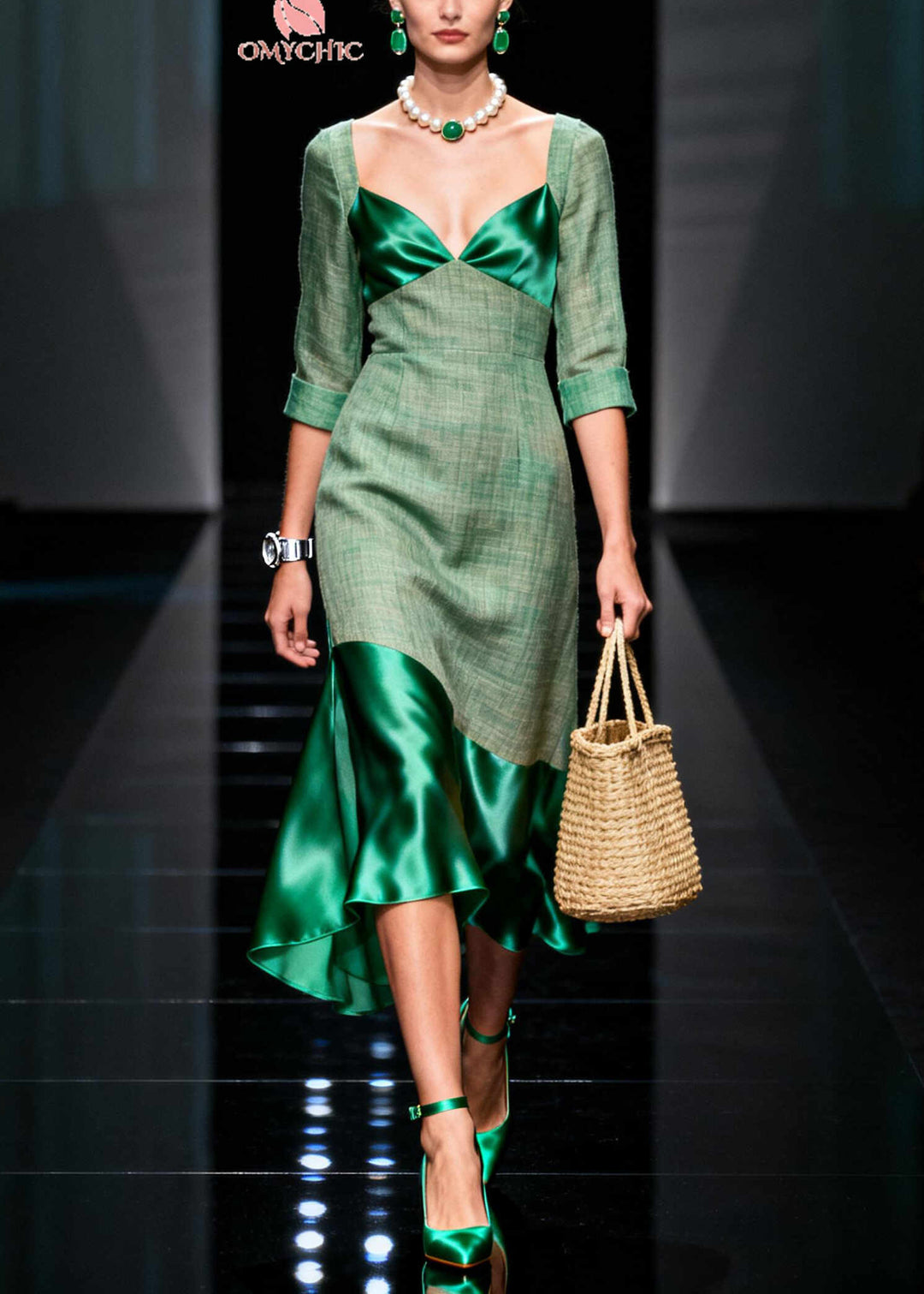 Women Green Bustier Top Patchwork Cotton Party Dress Summer