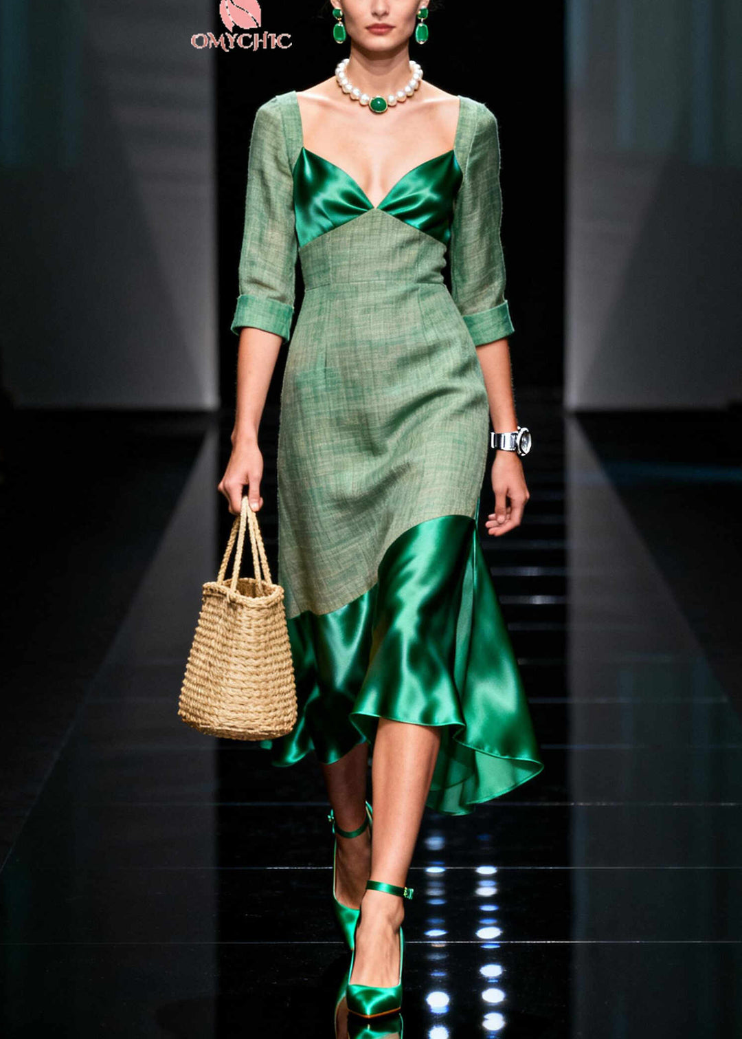 Women Green Bustier Top Patchwork Cotton Party Dress Summer