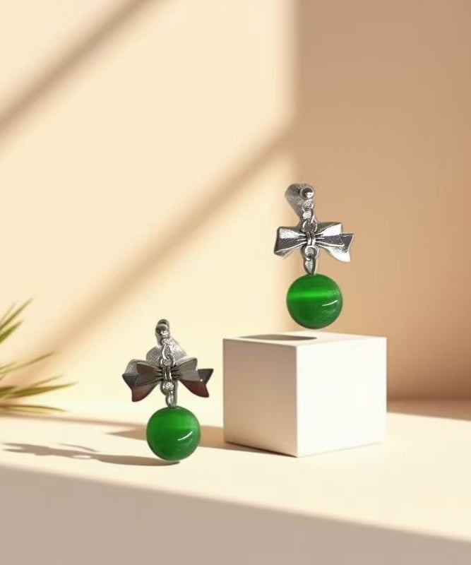 Women Green Copper Alloy Cat's Eye Stone Bow Drop Earrings