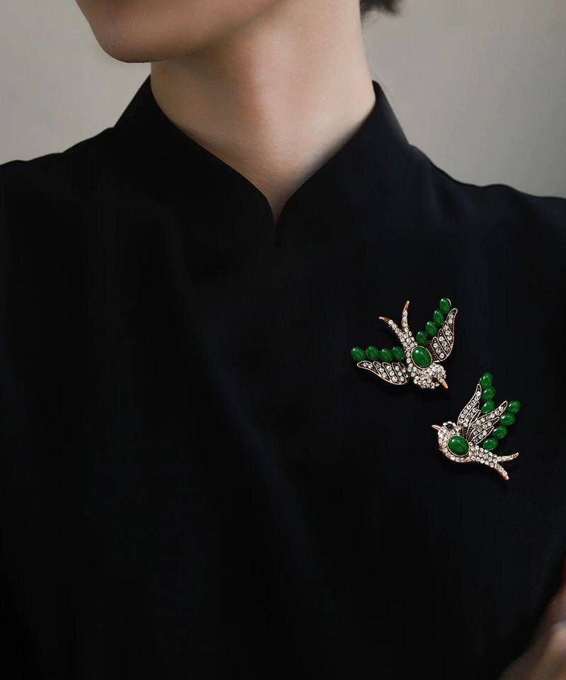 Women Green Copper Zircon Emerald Swallow A Pair Brooches