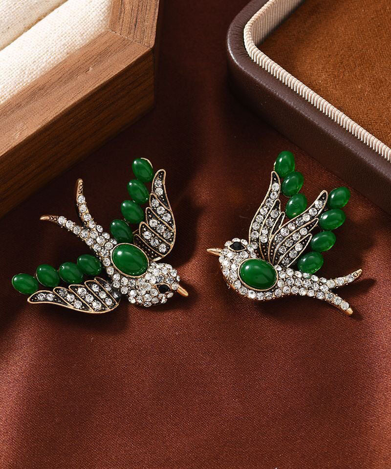 Women Green Copper Zircon Emerald Swallow A Pair Brooches