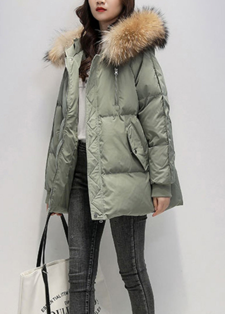 Women Green Fur Collar Hooded Pockets Fine Cotton Filled Jacket Winter
