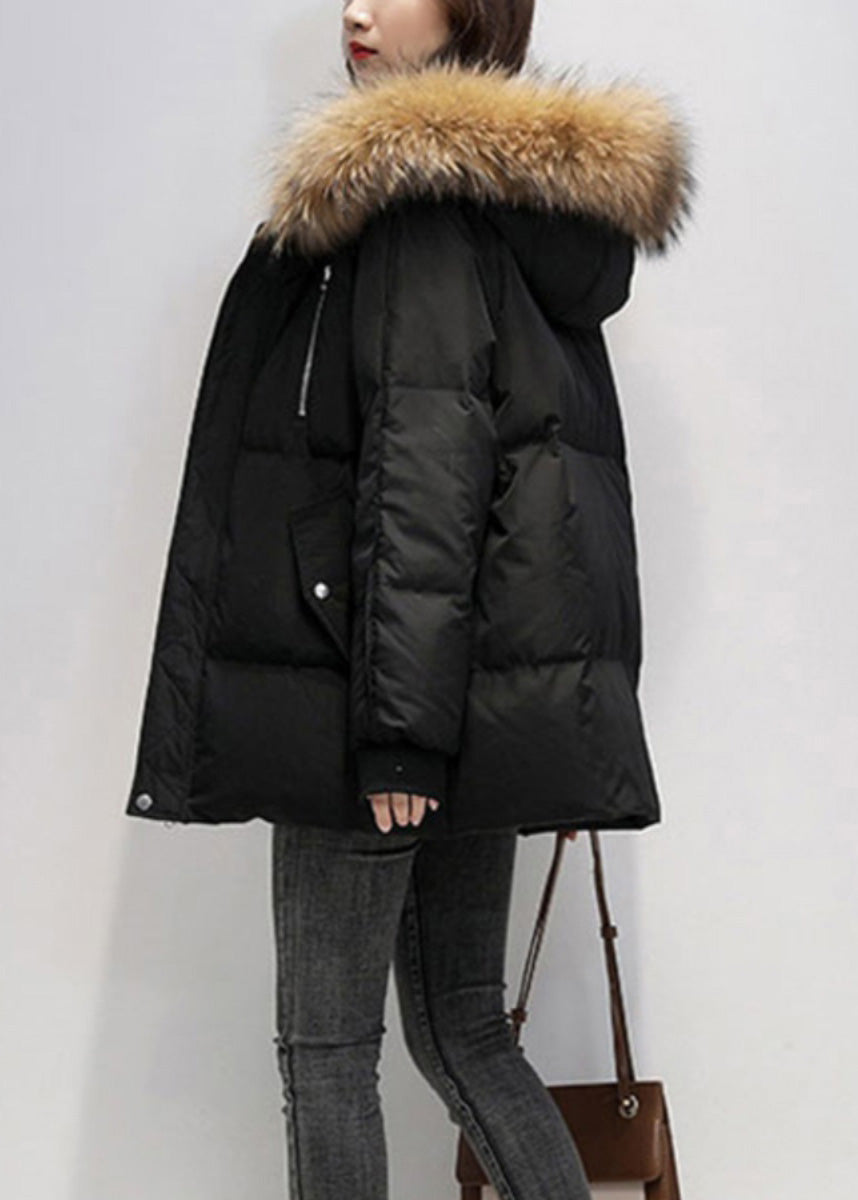 Women Green Fur Collar Hooded Pockets Fine Cotton Filled Jacket Winter