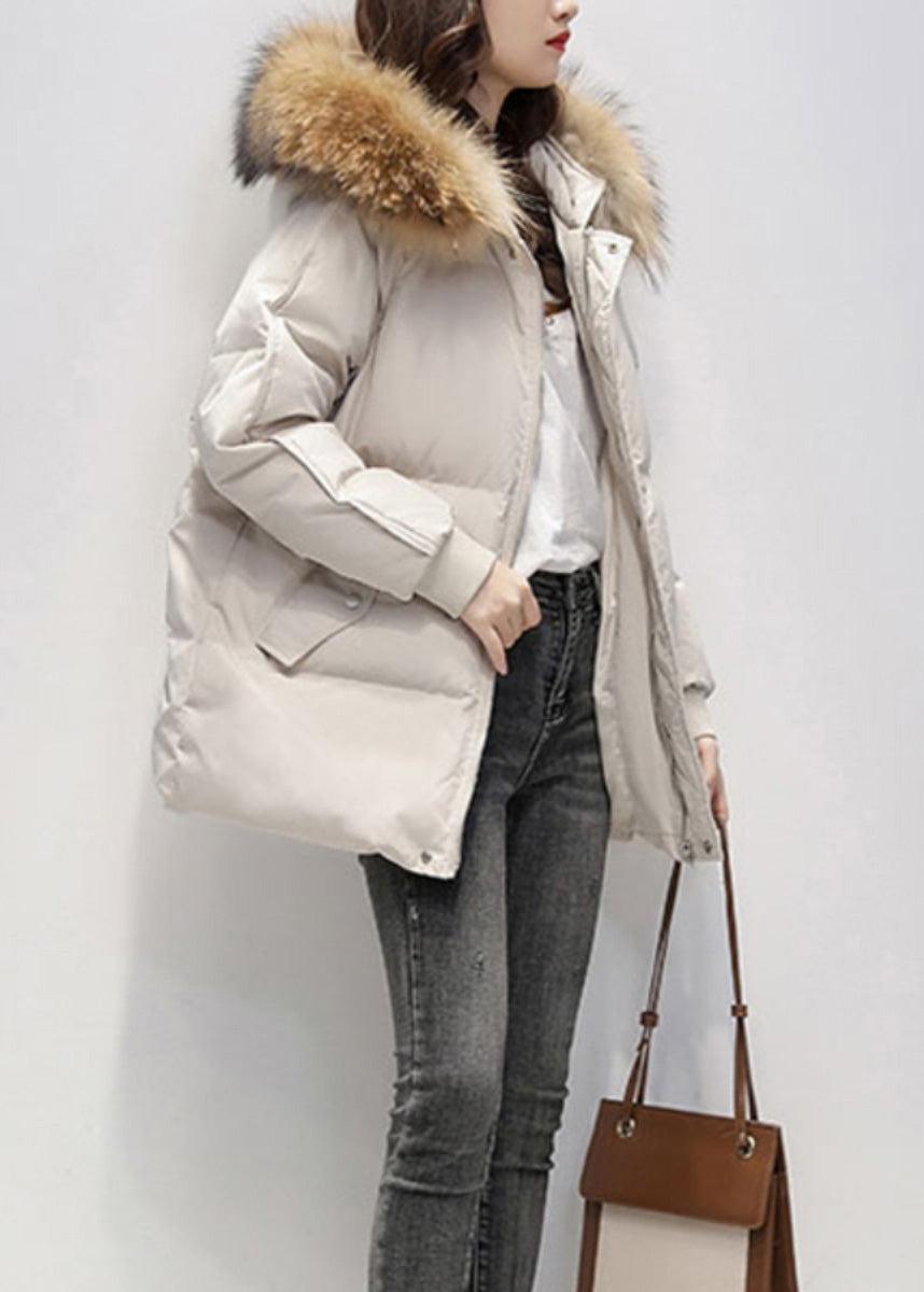 Women Green Fur Collar Hooded Pockets Fine Cotton Filled Jacket Winter