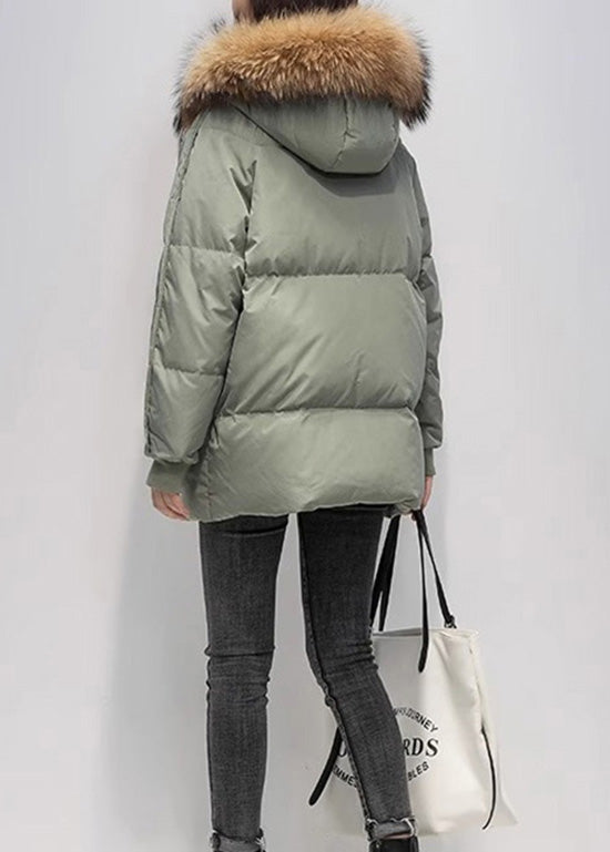 Women Green Fur Collar Hooded Pockets Fine Cotton Filled Jacket Winter