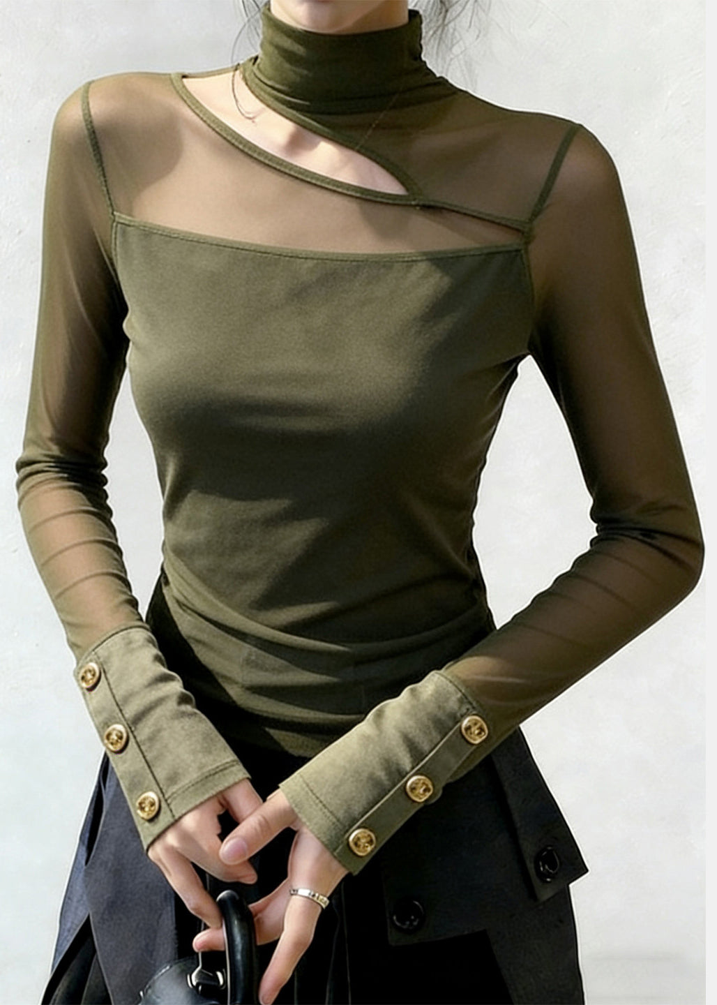 Women Green High Neck Patchwork Tulle Top Spring