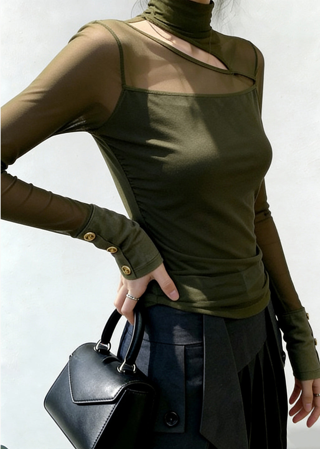 Women Green High Neck Patchwork Tulle Top Spring