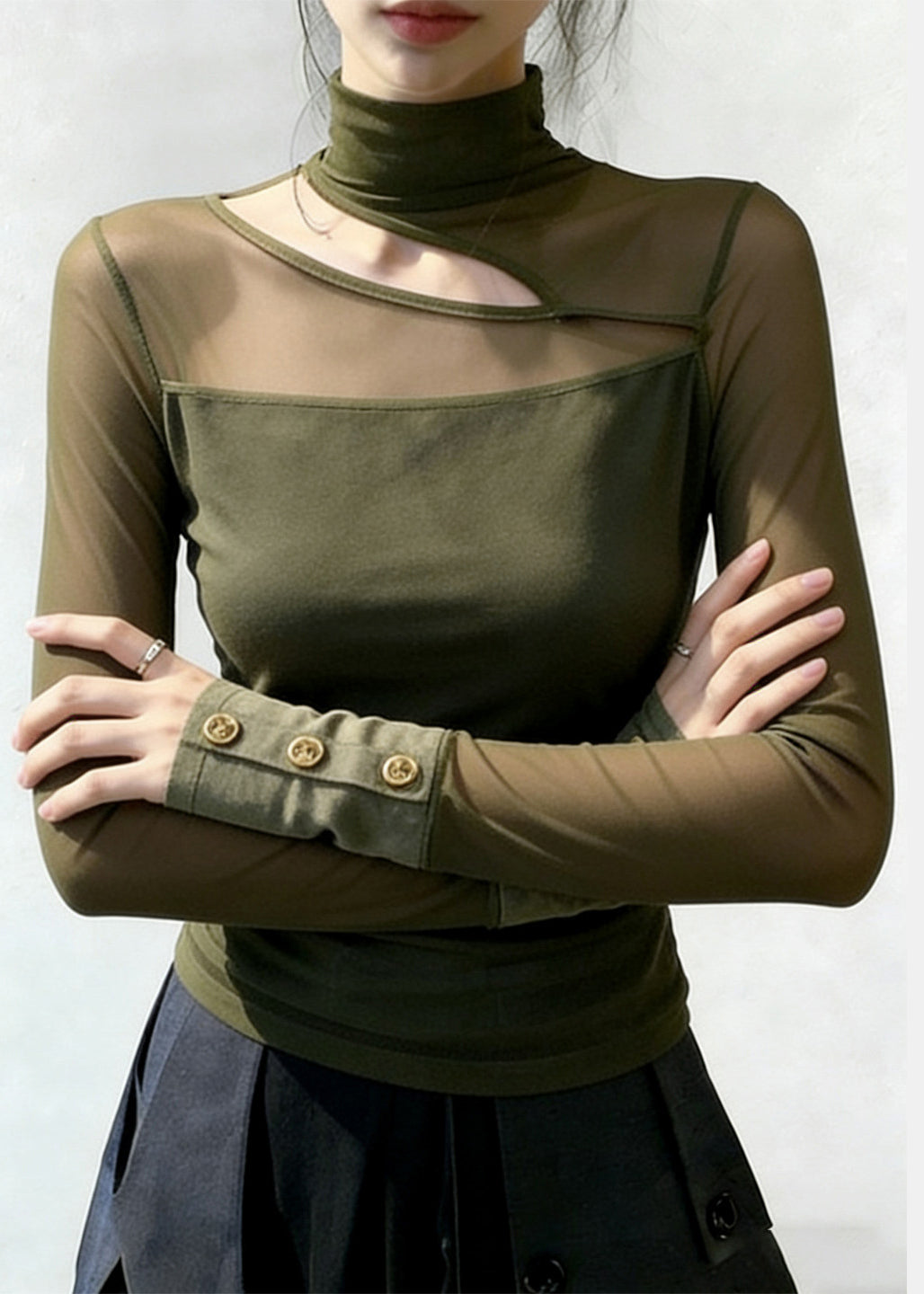 Women Green High Neck Patchwork Tulle Top Spring