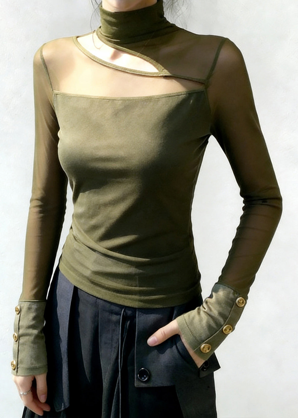 Women Green High Neck Patchwork Tulle Top Spring