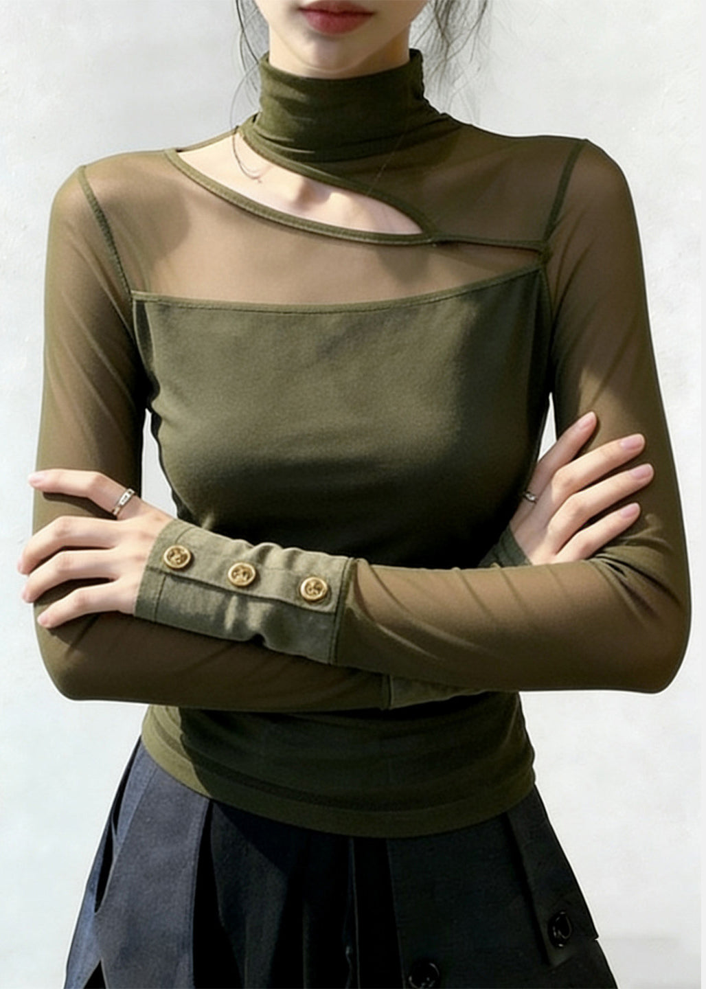 Women Green High Neck Patchwork Tulle Top Spring