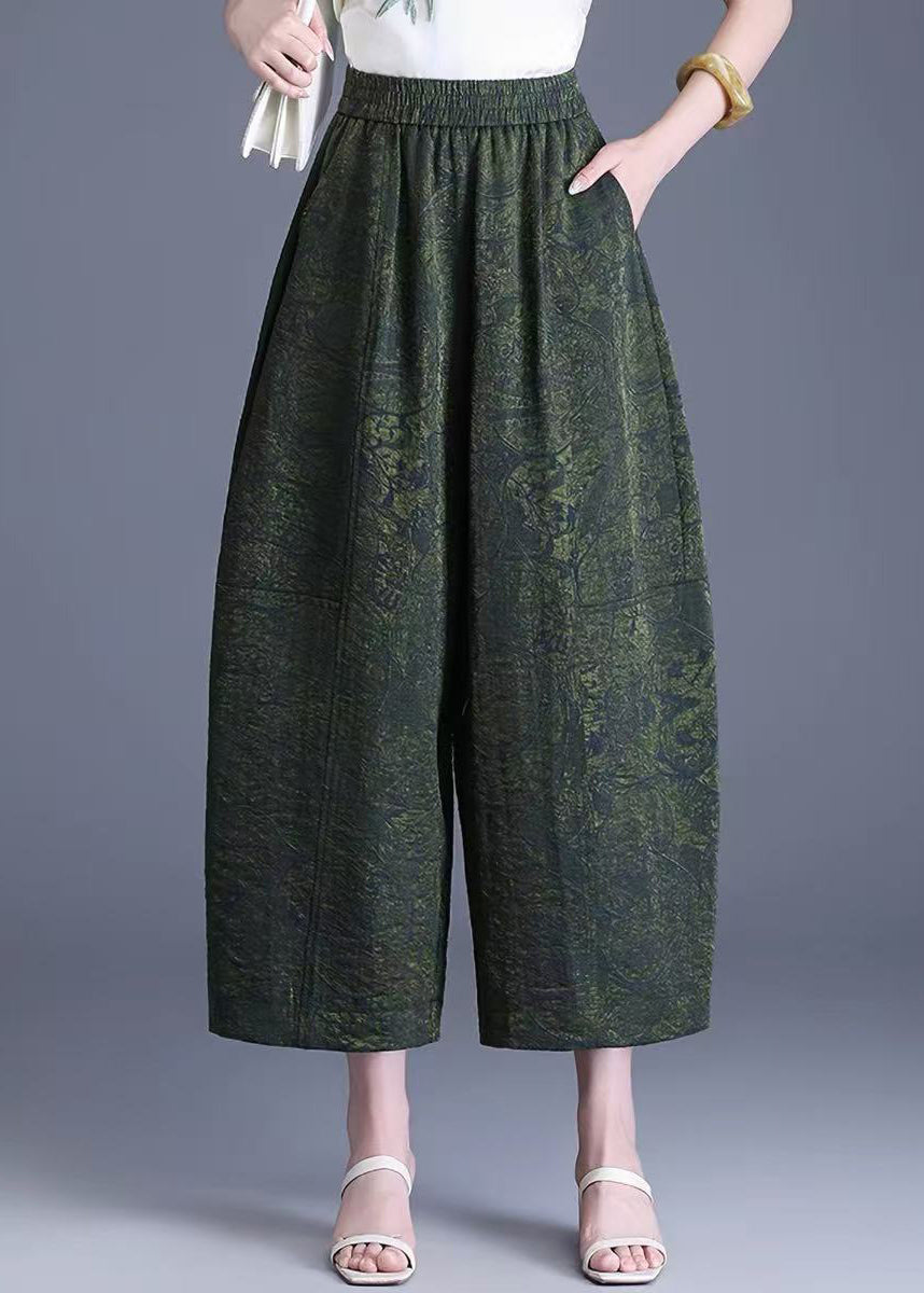 Women Green Jacquard Elastic Waist Wide Leg Crop Pants Summer