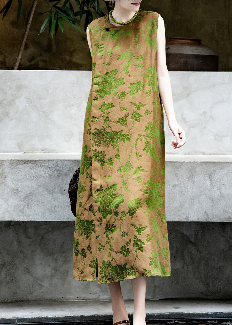 Women Green Jacquard Side Open Silk Maxi Dresses Sleeveless
