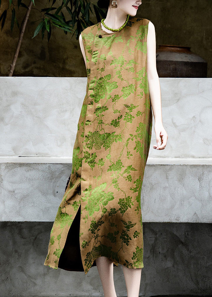 Women Green Jacquard Side Open Silk Maxi Dresses Sleeveless