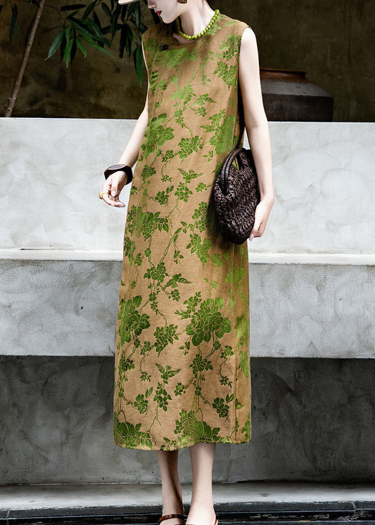 Women Green Jacquard Side Open Silk Maxi Dresses Sleeveless