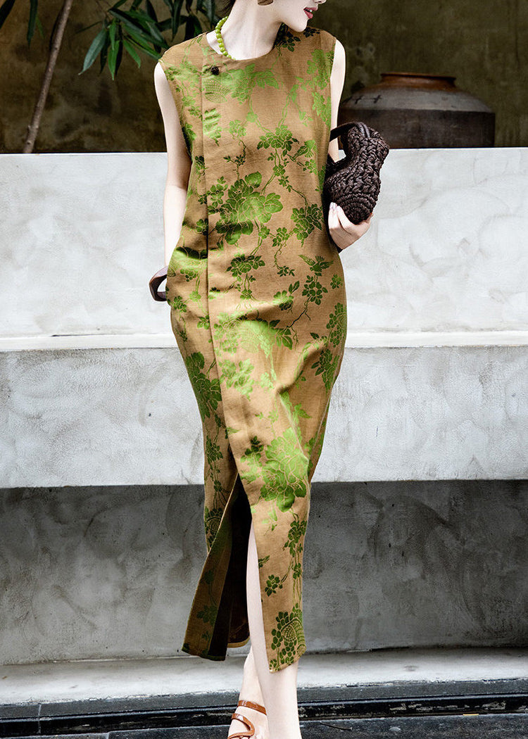 Women Green Jacquard Side Open Silk Maxi Dresses Sleeveless