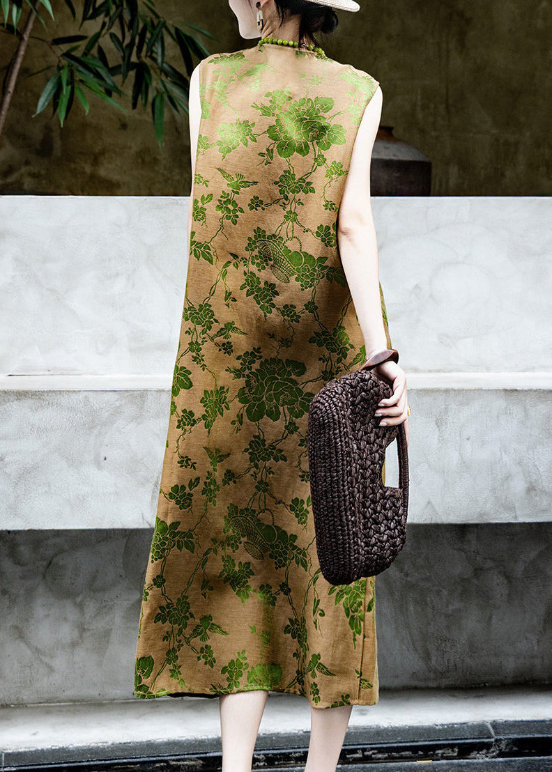 Women Green Jacquard Side Open Silk Maxi Dresses Sleeveless