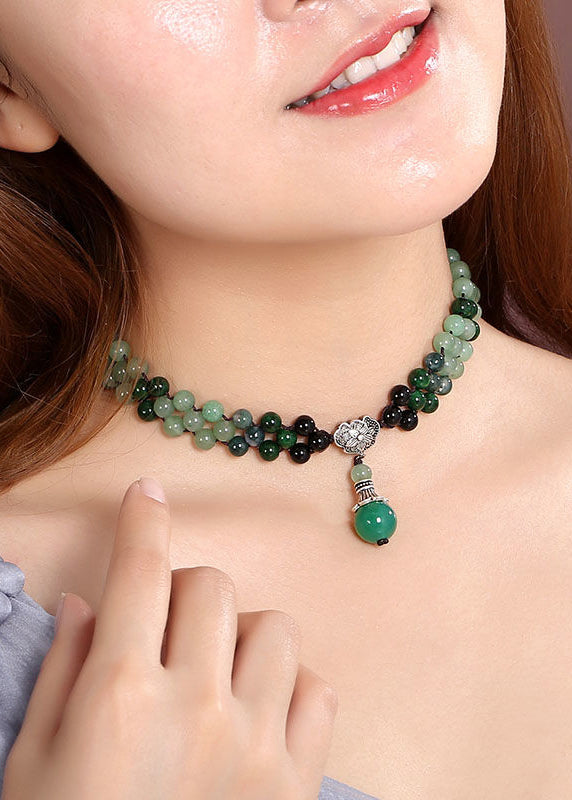 Women Green Jade Agate Crystal Pendant Necklace